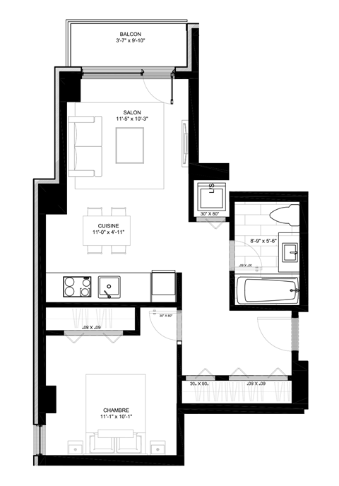 Floor plan for 1 bed, 1 bath, 595 sqft